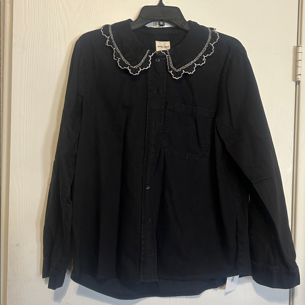 Black Button-Up Shirt with Embroidered Collar.